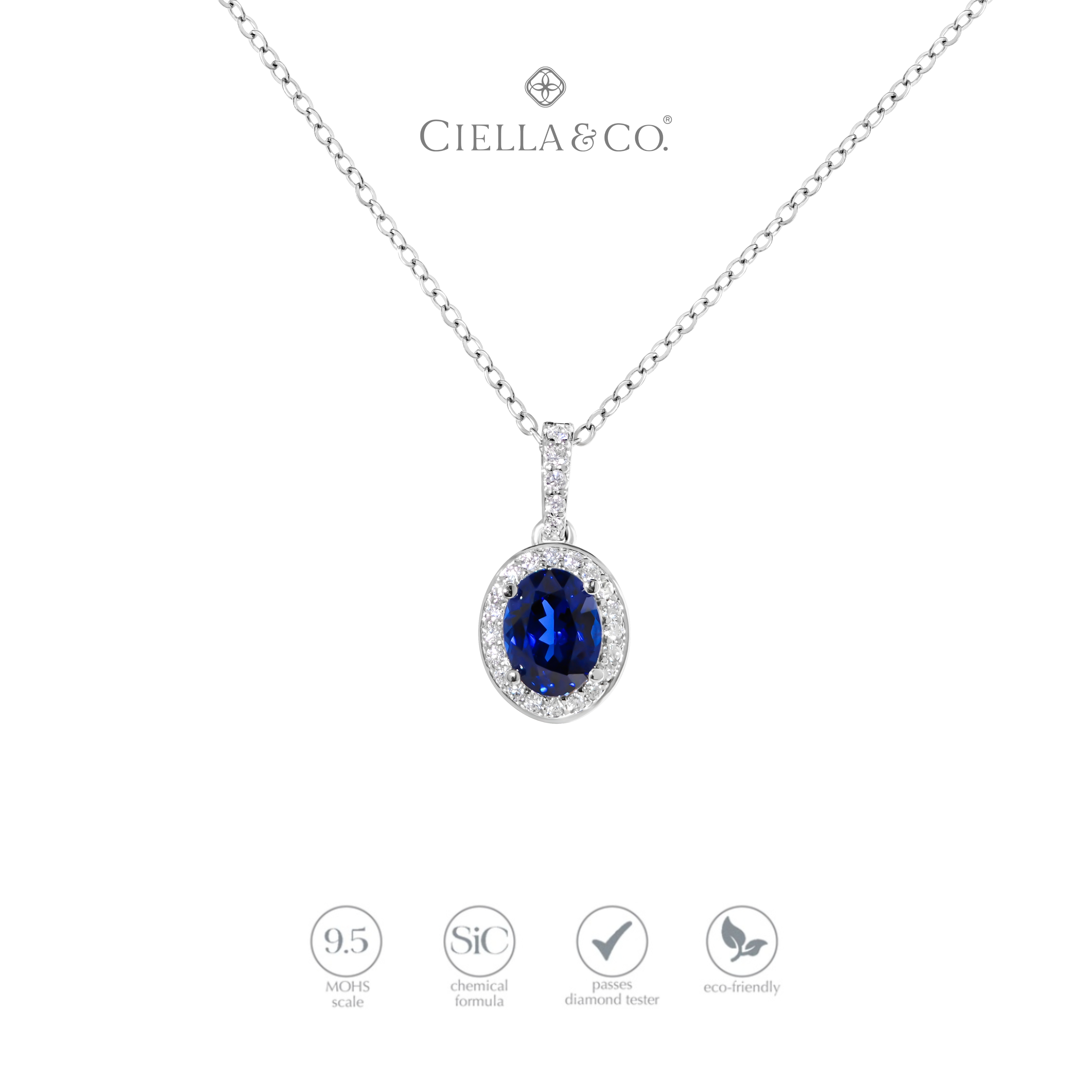 Ciella & Co - Royal Blue Sapphire Oval Halo Necklace