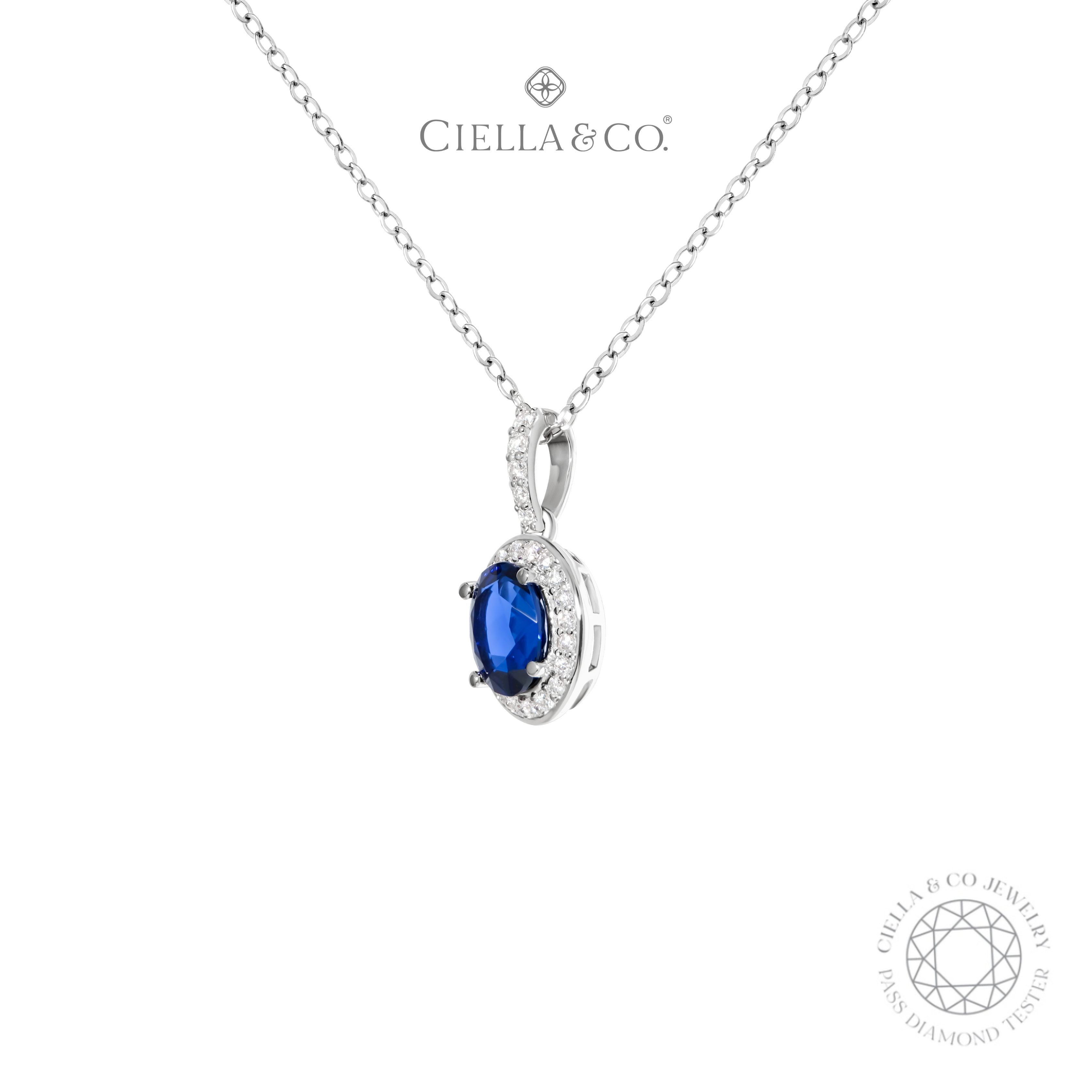 Ciella & Co - Royal Blue Sapphire Oval Halo Necklace