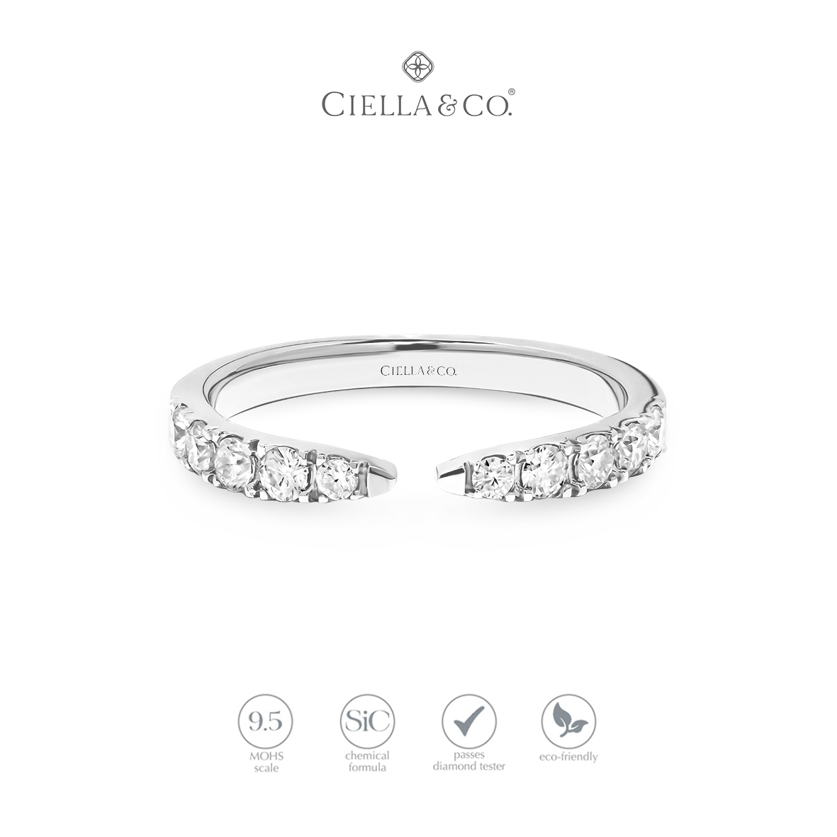 Ciella & Co - Viora Pave Open Band Ring Stacking Ring Cincin Moissanite Wanita Perhiasan Silver 925 Lapis Emas 18K